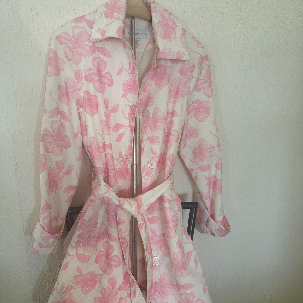 Liz Claiborne Pink Floral trench coat with tie